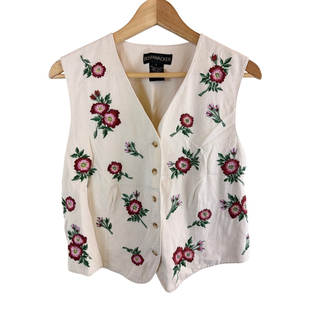 Bushwacker Floral Embroidered Vest Women Large Cream Vintage 90s Boho Cotton